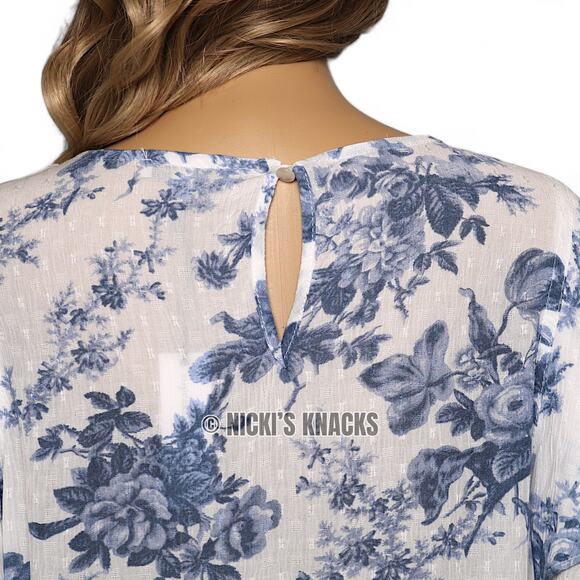 Cupcakes & Cashmere Blue Floral Flutter Sleeve Blouse Cottagecore Top Size M - Picture 6 of 11